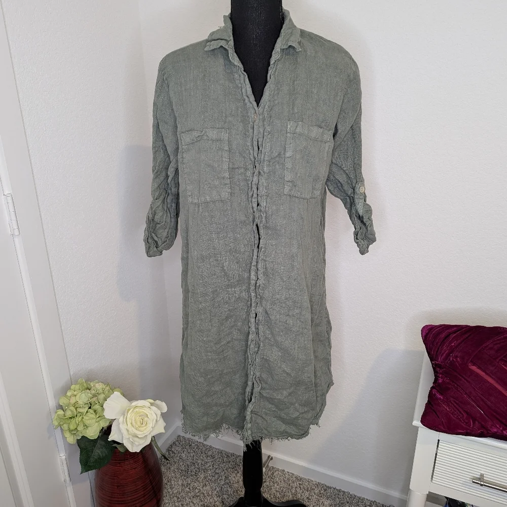 💘 Milio-Milano 100% Italian Linen Button Down Mid-Length Shirt Dress - Picture 2 of 5